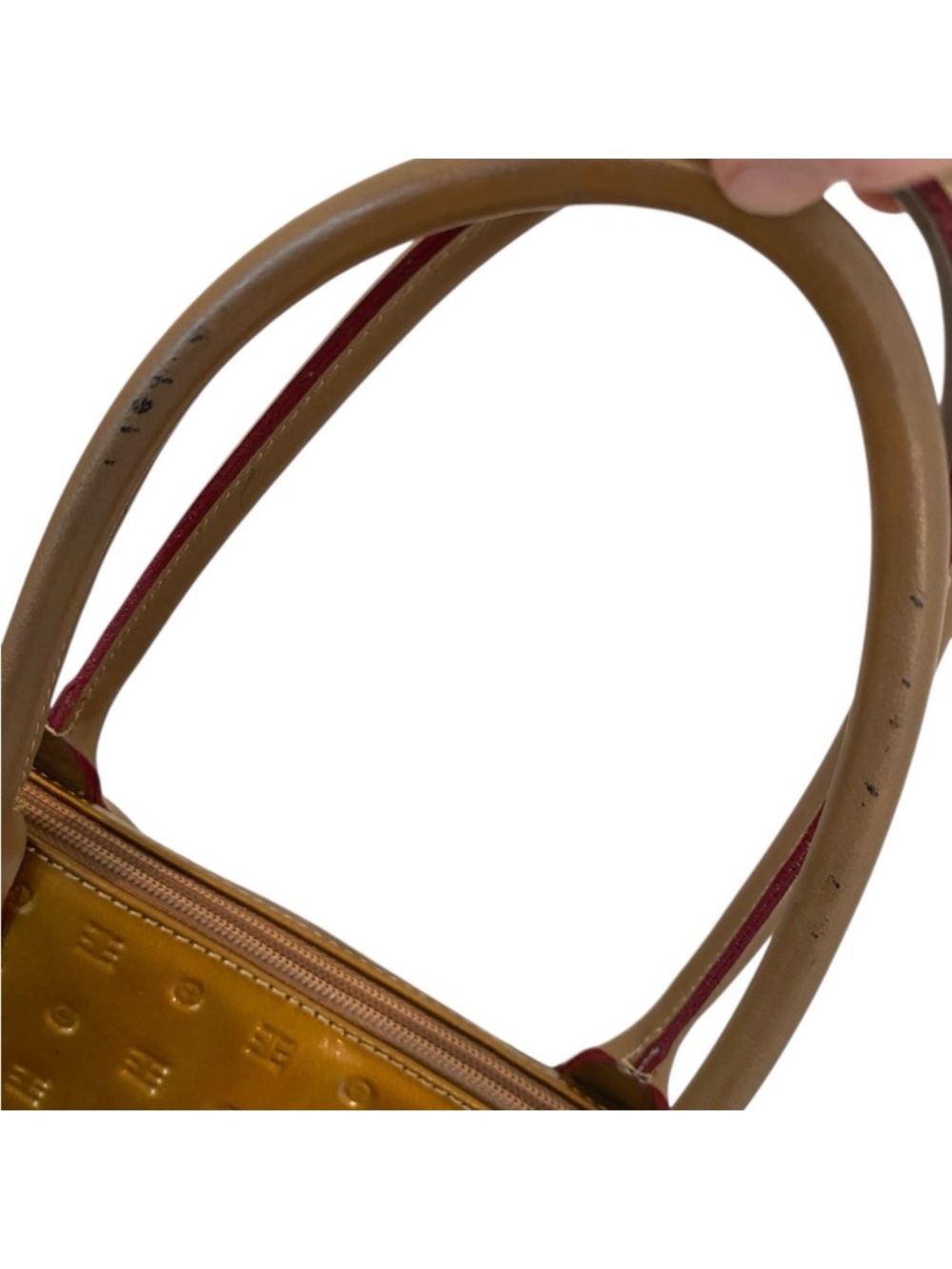 Arcadia Womens Gold Patent Leather Satchel Purse Medium Y2k Vintage Top Handle - Picture 6 of 14